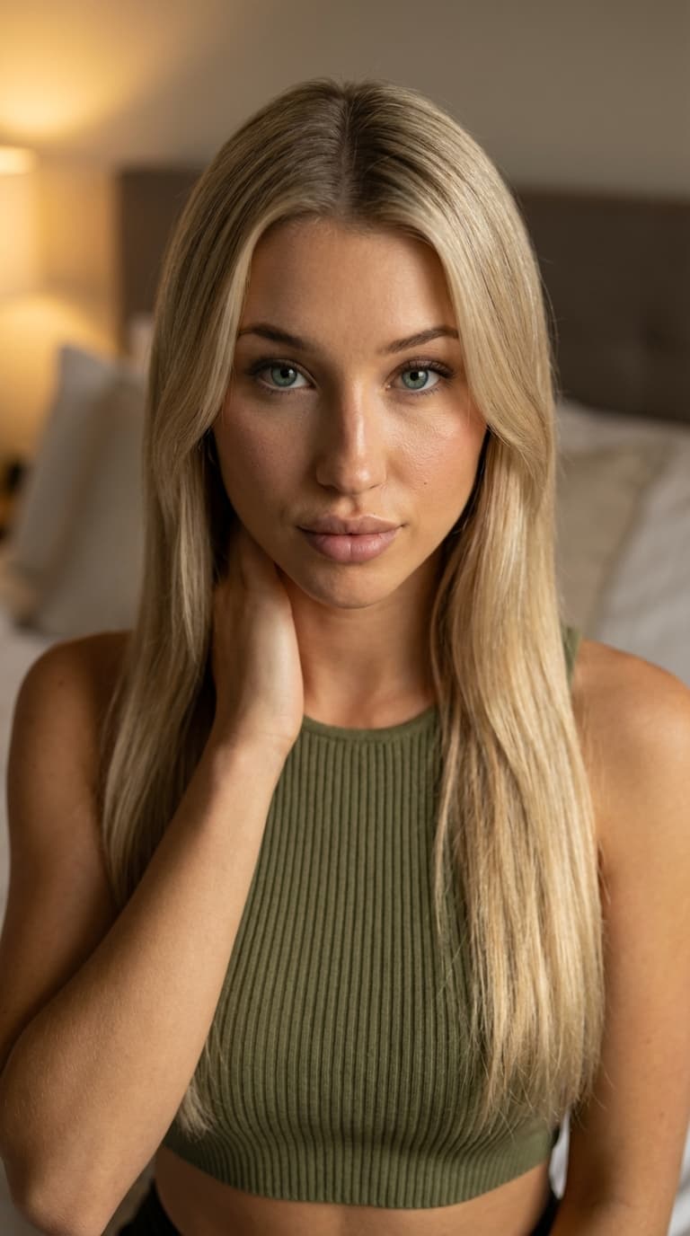 Close-up portrait of early to mid 20s (approx. 20-25) Caucasian/White woman, Northern European descent, slender fit build; long sleek straight hair falling past shoulders with a precise center part, distinct face-framing curtain layers swooping outward at cheekbone level, dimensional blonde with ash-brown roots transitioning to bright golden platinum lengths; light blue-green (teal/turquoise) eyes with visible limbal rings; fair skin with warm golden undertones, smooth glowing complexion; soft oval face, high prominent cheekbones, straight nose with gentle slope and rounded tip, full pouty lips with defined cupid's bow and heavy lower lip, well-groomed arched eyebrows darker than hair, soft rounded chin; wearing a fitted olive green ribbed knit crop top, Alluring/Gen Z vibe, confident alluring gaze with a subtle pout, hand gently touching neck, face centered, slightly high camera angle, bedroom setting with soft warm lamp lighting, background blurred. Shot on Canon EOS R5, 85mm f/1.2 lens, incredibly detailed natural skin texture, visible pores, subsurface scattering, sharp focus on eyes, cinematic lighting, 8k.