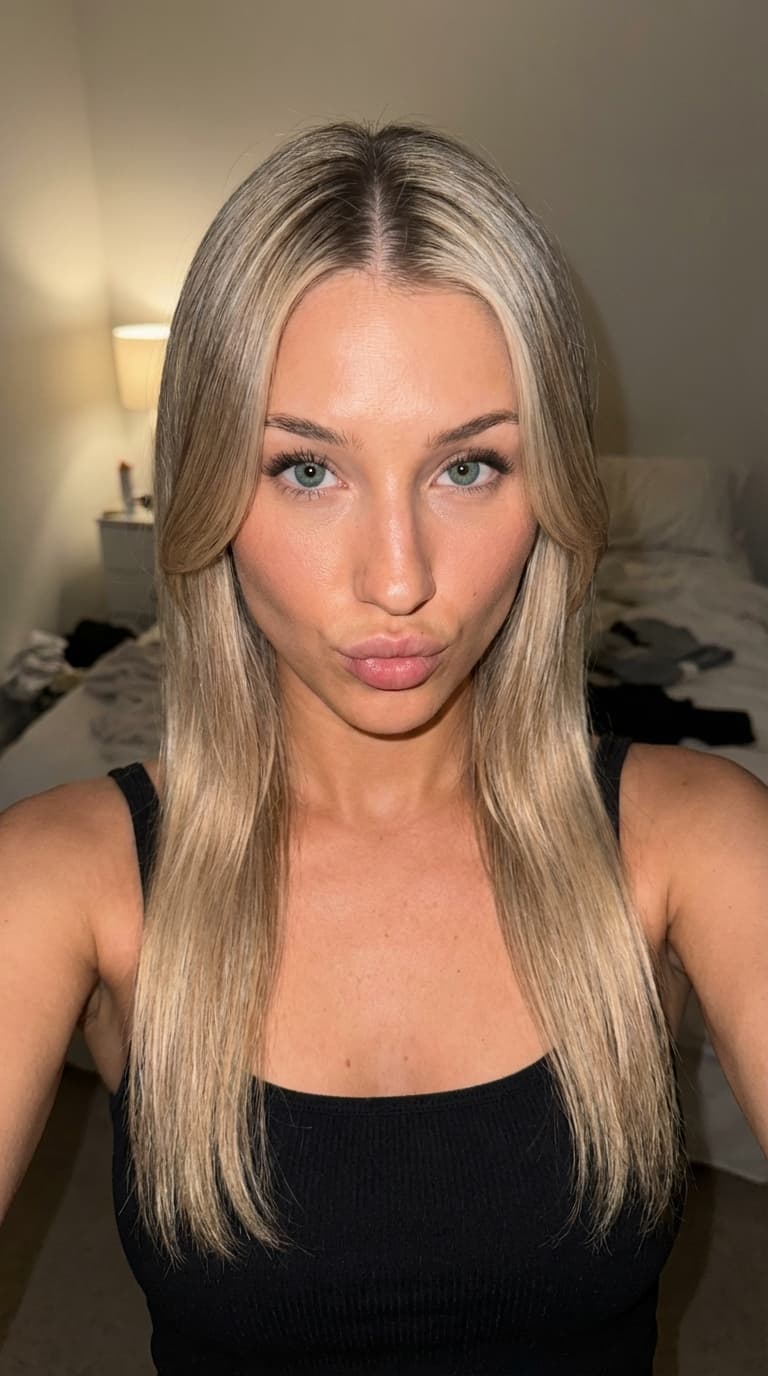 early to mid 20s (approx. 20-25) Caucasian/White, likely Northern European or Scandinavian descent woman, close-up portrait, face centered, long, sleek straight hair falling past shoulders with a precise center part; features distinct face-framing curtain layers that swoop outward at cheekbone level, dimensional blonde; ash-brown roots transitioning into bright golden and platinum blonde lengths with natural-looking highlights, light blue-green (teal/turquoise) with visible limbal rings eyes, fair to light with warm golden undertones, featuring a smooth, glowing complexion skin, soft oval face shape; high, prominent cheekbones; straight nose with a gentle slope and slightly rounded tip; full, pouty lips with a defined cupid's bow and significant volume in the lower lip; well-groomed, naturally arched eyebrows darker than the hair; soft, rounded chin, alluring Gen Z aesthetic, wearing a fitted black ribbed tank top with thin straps, playful pout and alluring gaze, slightly high angle selfie perspective, soft bedroom lamp lighting creating warm shadows, blurred messy bedroom background. Shot on iPhone 15 Pro Max, authentic selfie quality, natural skin texture, visible pores, flash photography, sharp focus on eyes.