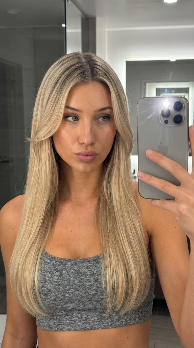 close-up portrait of early to mid 20s (approx. 20-25) Caucasian/White woman with slender fit build; long, sleek straight hair falling past shoulders with precise center part and distinct face-framing curtain layers swooping outward at cheekbones, dimensional blonde with ash-brown roots transitioning into bright golden platinum lengths; light blue-green (teal/turquoise) eyes with visible limbal rings; fair skin with warm golden undertones; soft oval face, high cheekbones, straight nose with gentle slope, full pouty lips with defined cupid's bow, naturally arched dark eyebrows, soft rounded chin; Style: Gen Z aesthetic mirror selfie; Expression: alluring gaze with slight pout; Outfit: heather grey athletic crop top; Lighting: bright bathroom vanity lighting with flash reflection; Background: blurred modern bathroom mirror reflection; Technical: Shot on iPhone 15 Pro Max, authentic phone photography appearance, natural skin texture, visible pores, sharp focus on eyes, raw photo.