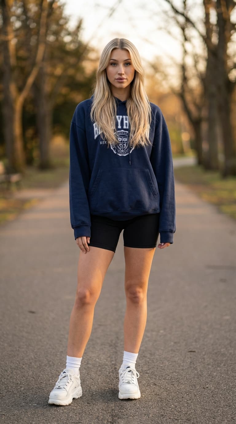 Wide angle full-body shot showing entire figure from head to shoes, feet fully visible, standing far back, no cropping, 24mm wide lens, environmental portrait of early to mid 20s (approx. 20-25) Caucasian/White Northern European woman with long, sleek straight hair falling past shoulders with a precise center part and distinct face-framing curtain layers that swoop outward at cheekbone level, dimensional blonde hair with ash-brown roots transitioning into bright golden and platinum blonde lengths, light blue-green teal eyes with visible limbal rings, fair to light skin with warm golden undertones, soft oval face shape, high prominent cheekbones, straight nose with a gentle slope and slightly rounded tip, full pouty lips with a defined cupid's bow and significant volume in the lower lip, well-groomed arched eyebrows darker than hair, soft rounded chin, wearing an oversized navy blue graphic hoodie and tight black biker shorts with chunky white sneakers and crew socks, standing relaxed on a paved park path during golden hour, alluring gaze with head tilted slightly down, alluring Gen Z aesthetic, blurred trees in background. Shot on Canon EOS R5, 24mm f/1.4, natural skin texture, visible pores, subsurface scattering, sharp focus on eyes, professional color grading, 8k.